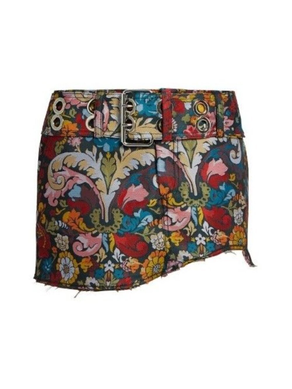 MARQUES ALMEIDA Floral Brocade Belted Asymmetrical Denim Mini Skirt, Size 8